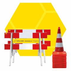 Actieset: 2 stuks afzethek 1,5 m met reclameplank en staanders + 10 stuks verkeerskegel Molan 75 cm