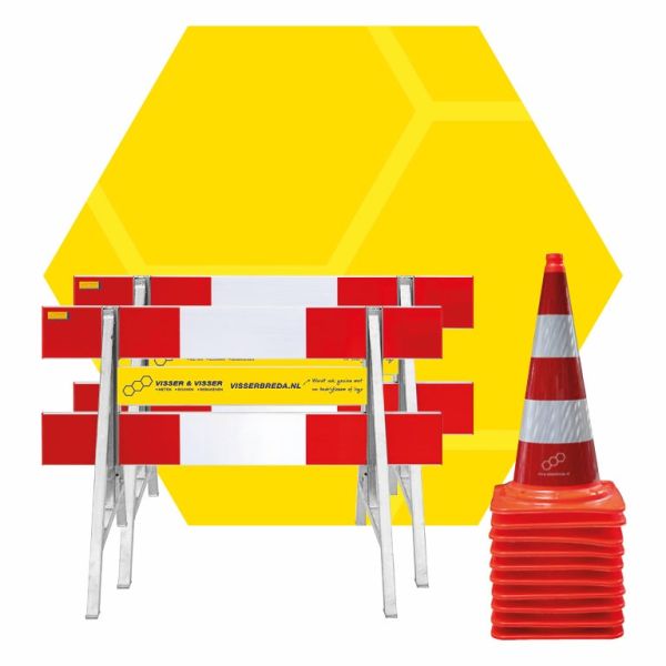 Actieset: 2 stuks afzethek 1,5 m met reclameplank en staanders + 10 stuks verkeerskegel Molan 75 cm