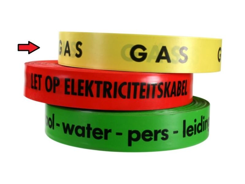 Waarschuwingsband tekst: GAS geel per rol 250 m