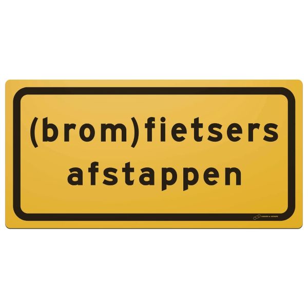 Tekstbord pvc 60x30 cm geel met tekst: (brom)fietsers afstappen