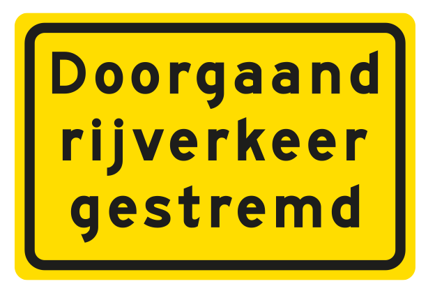 Tekstbord a/r3/dor 60x40 cm geel met tekst: Doorgaand rijverkeer gestremd