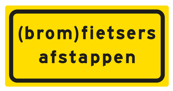 Tekstbord pvc 60x30 cm geel met tekst: (brom)fietsers afstappen
