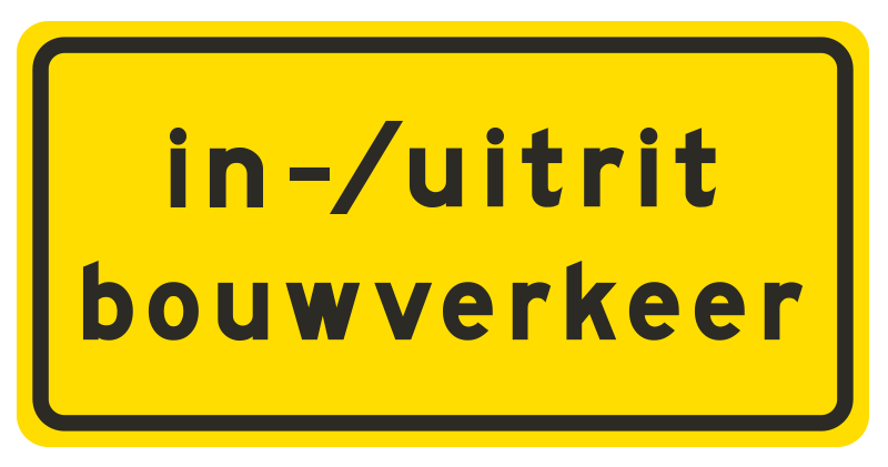 Tekstbord a/r3/dor 80x40 cm geel met tekst: in-/uitrit bouwverkeer